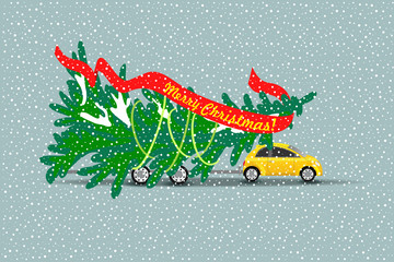 Merry Christmas! The yellow car carries a Christmas tree. Vector illustration
