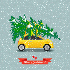 Merry Christmas! Vector illustration. The yellow car carries a Christmas tree