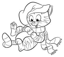 Niedliche Katze in Winterkleidung spielt mit Mütze