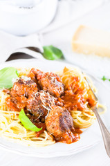 Hearty spaghetti with meatballs in tomato sauce