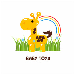 Toys kids. Vector sign, the logo for the toy store. Giraffe toy on the grass.
