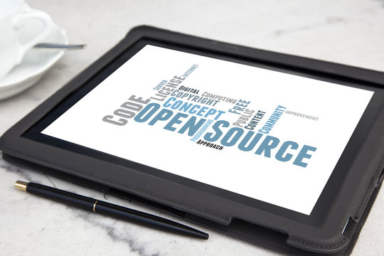 tablet with open source software word cloud