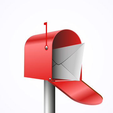 3d illustration of opened red mailbox with envelope, isolated on white, vector