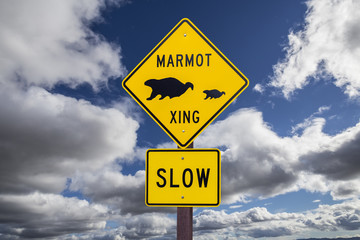 Marmot Crossing Roadsign with Cloudy Sky