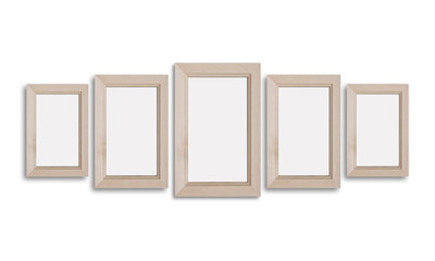 Collage of five wooden photo frames, interior decor mock up