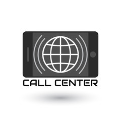 Icon call center in flat style. Logo white globe inside horizontal mobile phone, with the sound waves. Icon smartphone isolated on white background. Vector