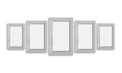 Collage of five wooden frames, interior decor mock up