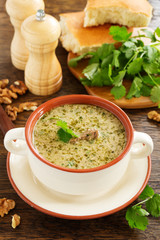 Kharcho soup of beef with walnuts and rice. Georgian cuisine.