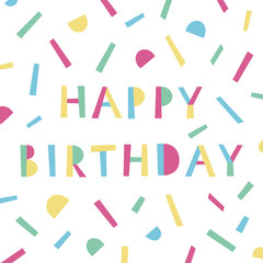 Happy Birthday card in memphis style. Modern colorful template for invitation. Vector illustration.