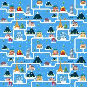 Christmas seamless pattern with Santa and festive town. Vector seamless pattern. Attractions; houses; mountains; gifts and ferris wheel. Winter festive background for advertising and packaging.