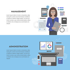 Set concept banner office objects marketing items and administration, devices and woman manager. Modern design flat icon, workstation objects, vector illustration