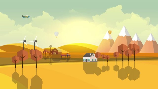 Countryside landscape animated intro in flat style, with sunrise and long shadow.