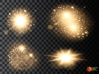 Gold glittering star dust trail sparkling particles on transparent background. Space comet tail. Vector glamour fashion illustration.