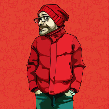 Cartoon Funny Man In Red Winter Clothes