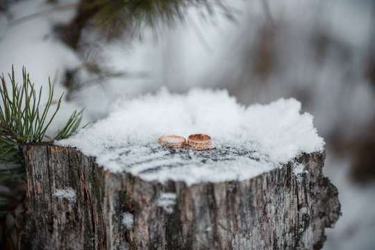 Wedding rings in snowy winter forest. Soft selective focus