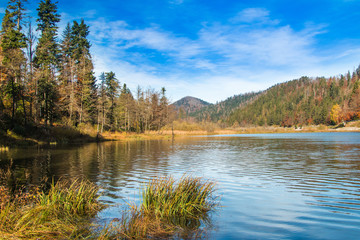 Fototapeta na wymiar Beautiful lake Bajer, colorful autumn landscape, Fuzine, Gorski kotar, Croatia 