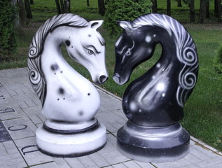 Huge chess pieces two knights in the Park. 

