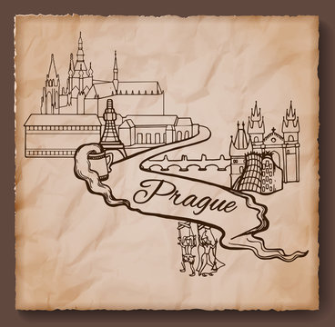 Welcome to Prague banner, sticker with Czech capital landmarks. Retro style vector illustration