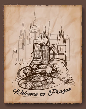 Welcome to Prague poster with Czech capital landmarks and traditional food. Retro style vector illustration