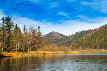      Beautiful lake Bajer, colorful autumn landscape, Fuzine, Gorski kotar, Croatia 