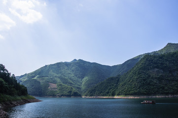 The lake and mountains scenery with blue sky