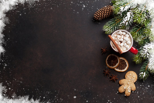 Christmas Background With Hot Chocolate And Marshmallow