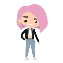 Millennial subcultural girl with pink hair, Flat editable cartoon vector illustration
