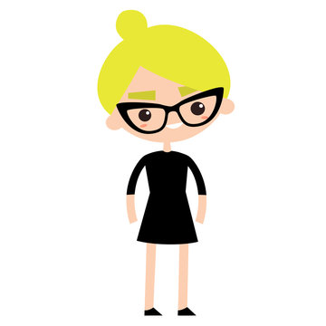 Neat Business Lady Wearing Elegant Glasses And Black Dress, Flat Editable Cartoon Vector Illustration