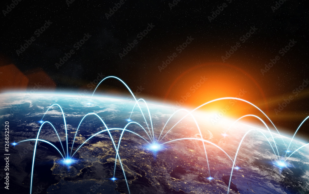 Poster Global network and satellite data exchange 3D rendering elements