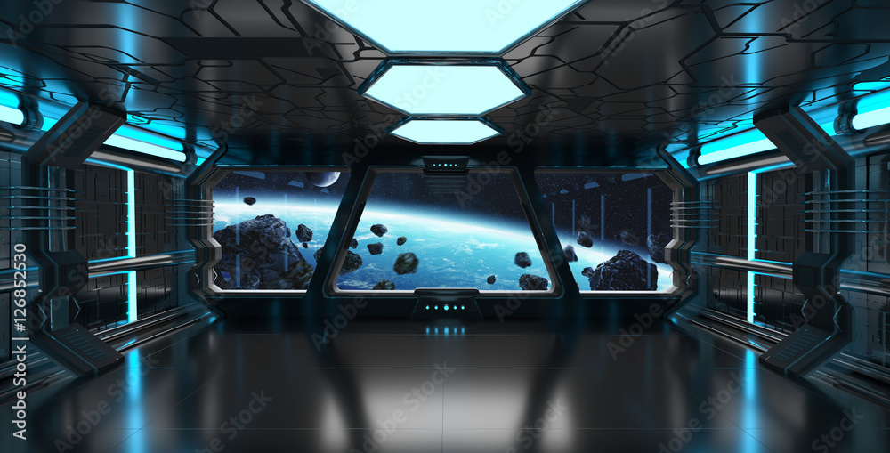 Poster Spaceship interior with view on the planet Earth 3D rendering el