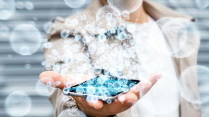 Businessman using 3D rendering data network sphere with his mobi