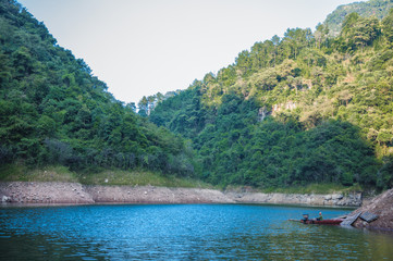 The lake and mountains scenery with blue sky