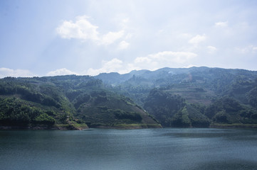 The lake and mountains scenery with blue sky
