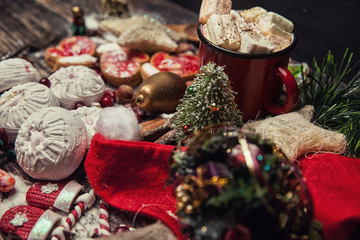 Christmas or New Year dark wooden background, Xmas brown board f