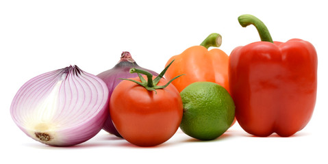 Fototapeta na wymiar Assorted fresh vegetables: capsicum bell pepper, tomatoes and onions