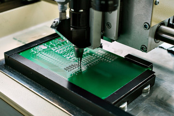 Microchip production factory. Technological process. Assembling the board. Chip. Manufacturing. Engineering.