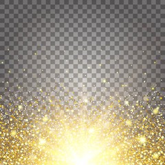 The effect of flying parts gold glitter luxury rich design background. Light gray background bottom. Stardust spark the explosion on a transparent background. Luxury golden texture