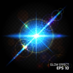 Fototapeta premium Bright sun flare glow effect, glowing dust explosion. A colorful view of a lens flare on a transparent background. Vector illustration