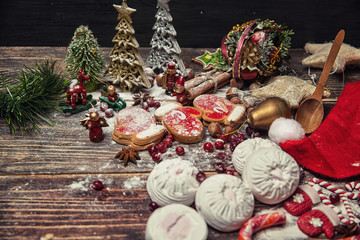 Christmas or New Year dark wooden background, Xmas brown board f