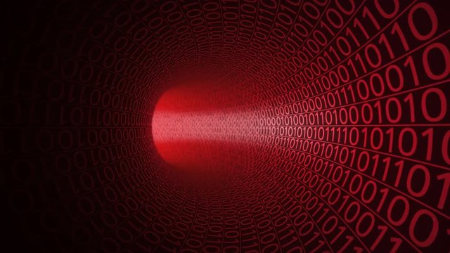 Camera moving through abstract red tunnel made with zeros and ones. Modern motion background. Computers, binary data transfer, digital technologies concepts. 4K seamless loop animation