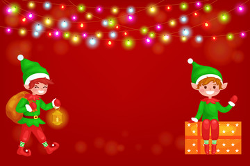 Cute  Christmas elf  with bag full of gifts. Santa helper. Greeting Card