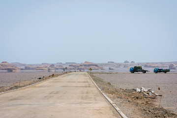 Road straight ahead to Dunhuang Yardang National Geopark, Gobi desert, China