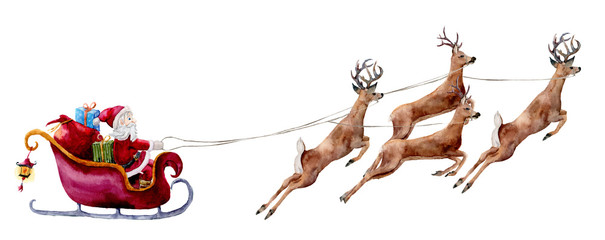 Watercolor illustration with Santa Claus and deers. Hand painted Santa with gift bags and boxes rides in sleigh pulled by reindeer. Christmas print isolated on white background