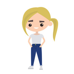 Cute blonde with pony tail wearing casual clothes  / editable vector illustration, clip art