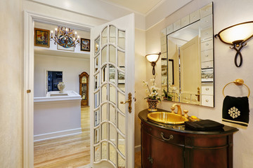 Interior of luxury bathroom vanity with golden sink