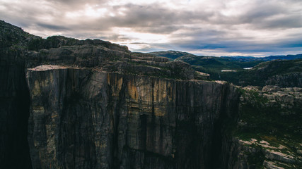 Preikestolen massive cliff (Norway, Lysefjorden summer morning v