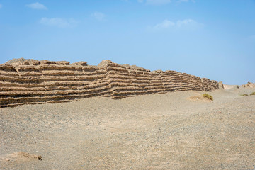 Chinese great wall in Gobi desert, Dunhuang, China