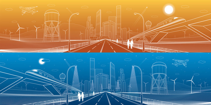 Infrastructure panorama. Highway, train traveling on bridges, business center, architecture and urban, neon city, wind turbines, water tower,  white lines, dynamic composition, vector design art