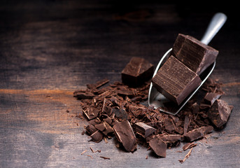 Dark chocolate on rustic background and space for text