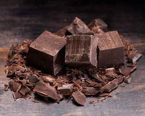 Dark chocolate on rustic background
